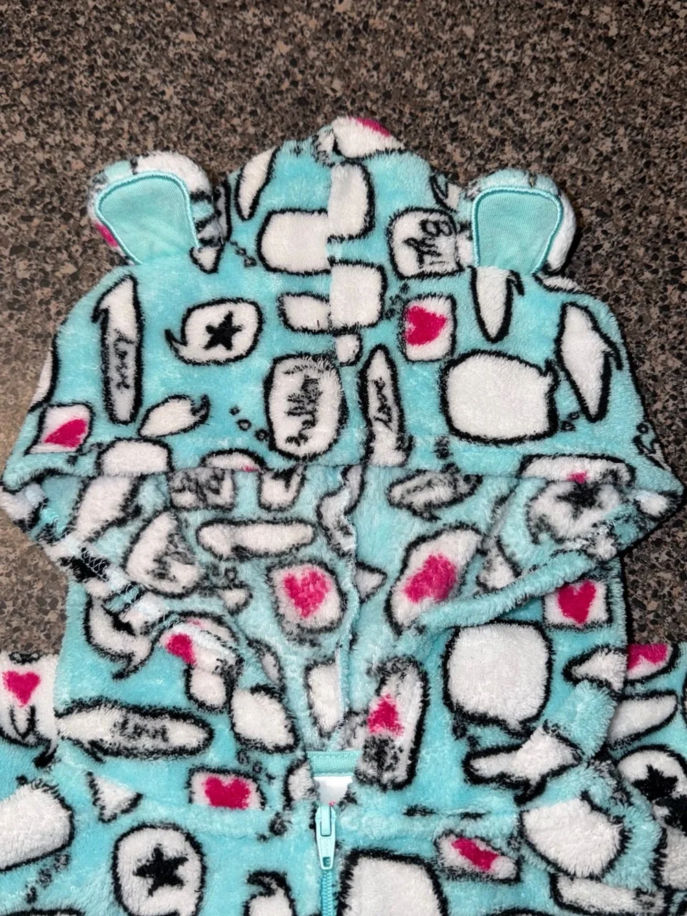 total girl Teal Fleece One-Piece Pajamas with Hearts and Speech Bubbles